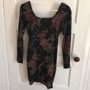 Long sleeve black dress with red gold floral